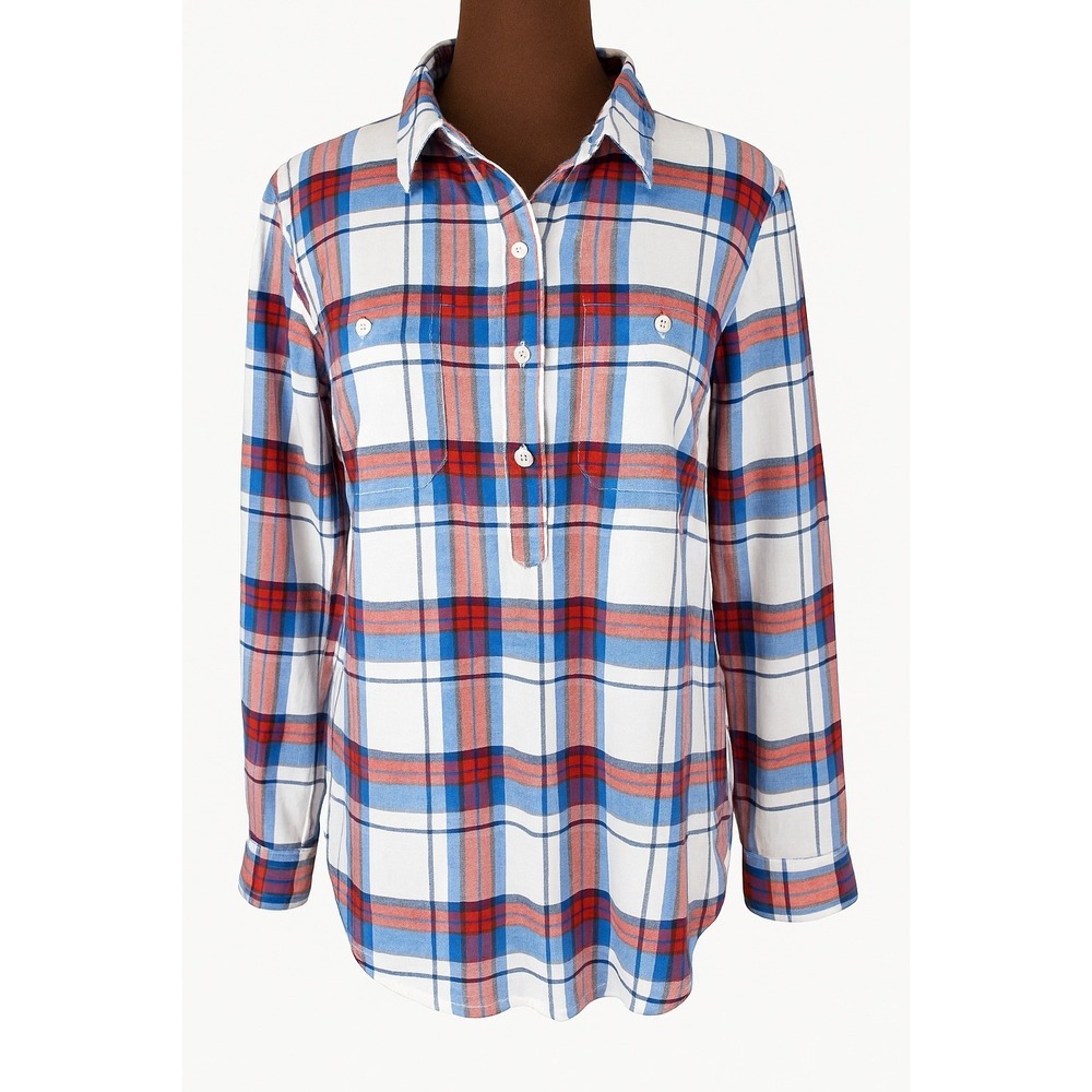 Caslon Tunic Top Women Small Red Blue Plaid Button Up‎ Long Sleeve Lightweight